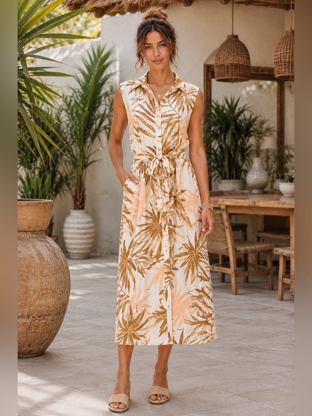 Ophelia Roe M Tropical Palm Print Button Front Midi Shirt Dress Belted Boho A25